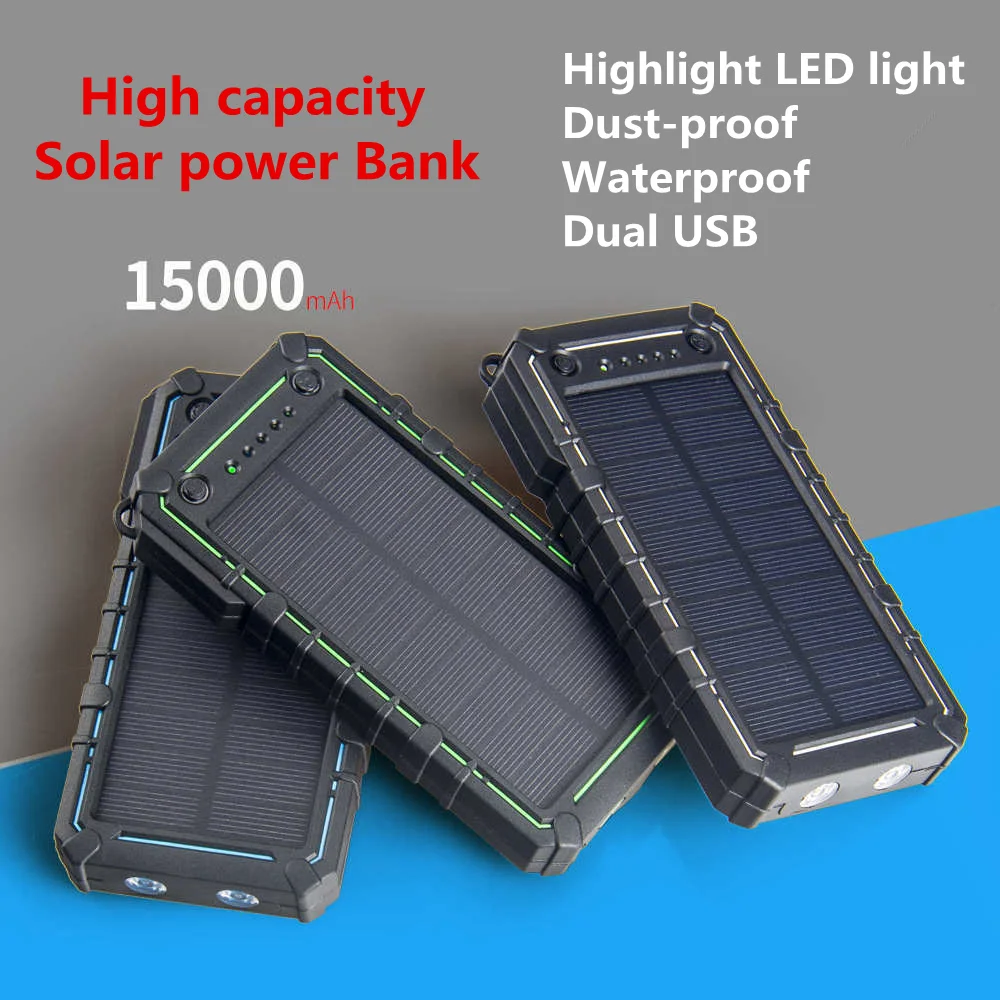 15000mAh 2USB Solar Power Bank Portable External mobile Battery Backup