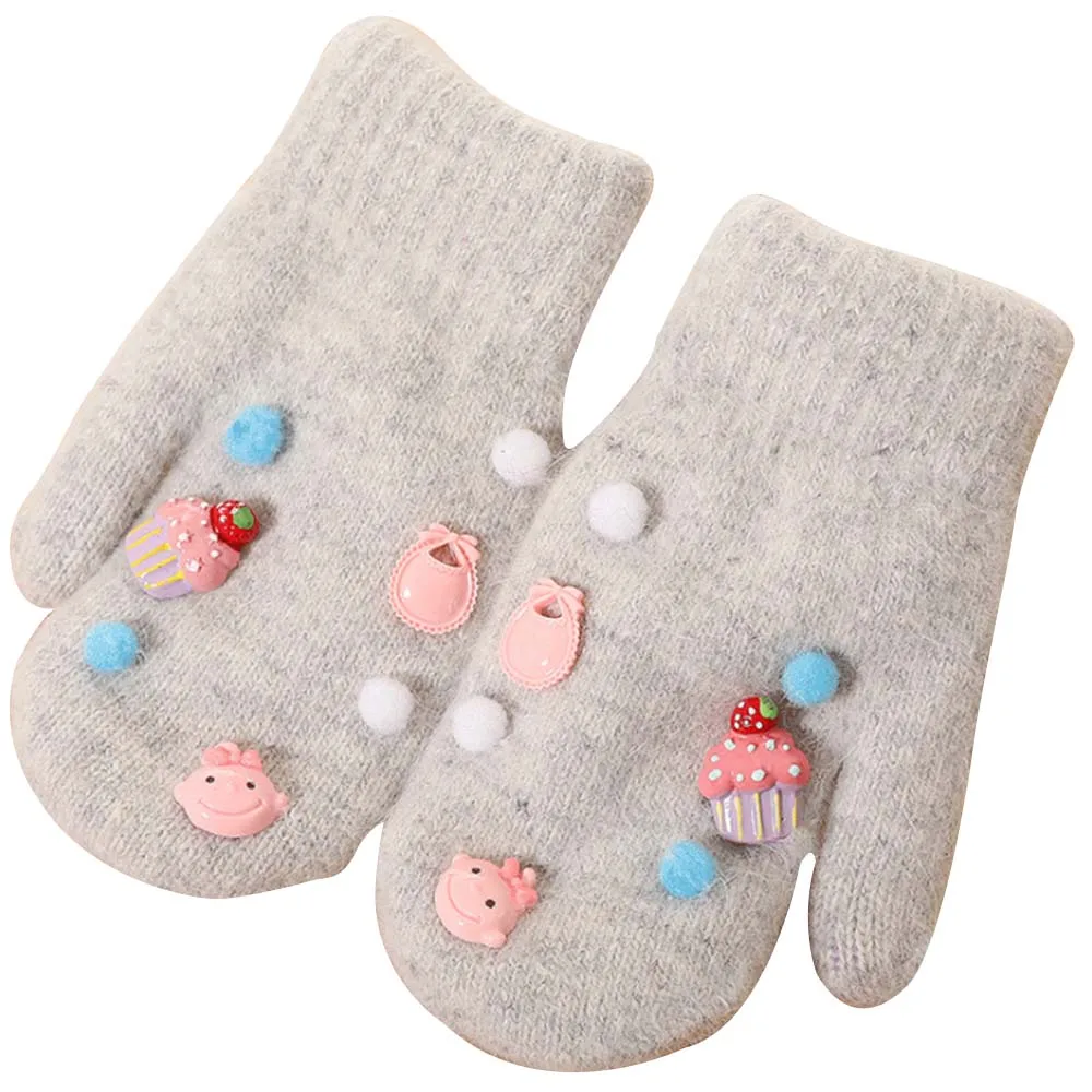 Зимние детские толстые теплые перчатки DIY Venonat стиль кроличьи волосы перчатки Полные Пальцы шерстяные варежки для девочек - Цвет: Серый