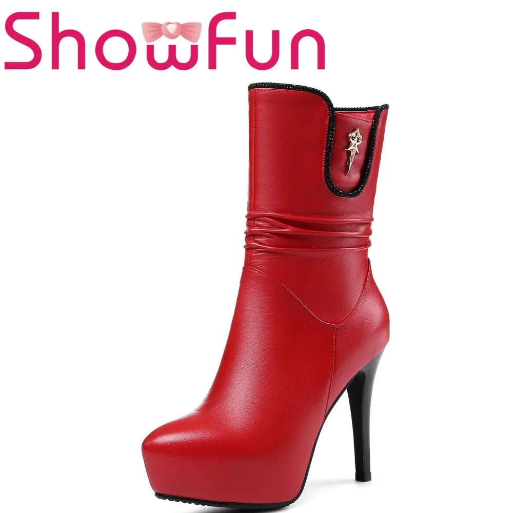 

Showfun genuine leather shoes woman winter solid mid-calf pointed toe zipper super high thin heel boots