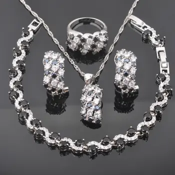 

AAA Quality Black Zirconia For Women Jewelry Sets Silver Color Crystal Bracelet Necklace Pendant Earrings Ring QS0284