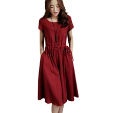 

Lace Girl Cotton and Linen Dresses 2018 Summer Dress For Women Midi Solid Color Short Sleeve Dress Spring Casual Vintage Dress