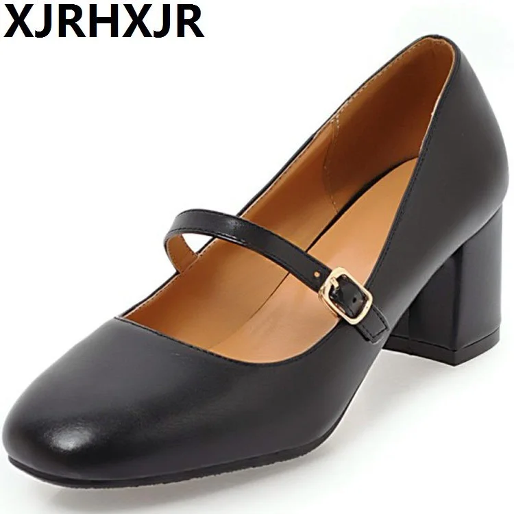 

XJRHXJR Brand Women Pumps Plus Size 32-45 Fashion Elegant Square Toe Buckle Strap Square Heel Woman Shoes White Black Pink