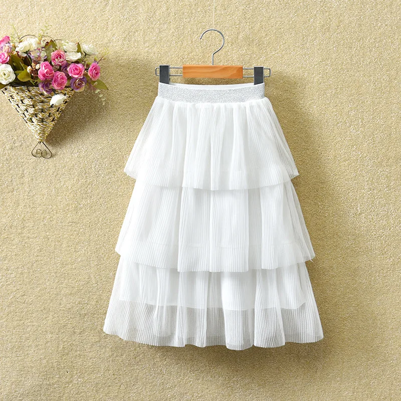 Сезон: весна–лето девочек многоярусная юбка из тюля детское От 2 до 9 лет платье принцессы вечерние однотонные; модная футболка для маленьких девочек; Одежда для девочек; плиссированные юбки Высокое качество - Цвет: Белый