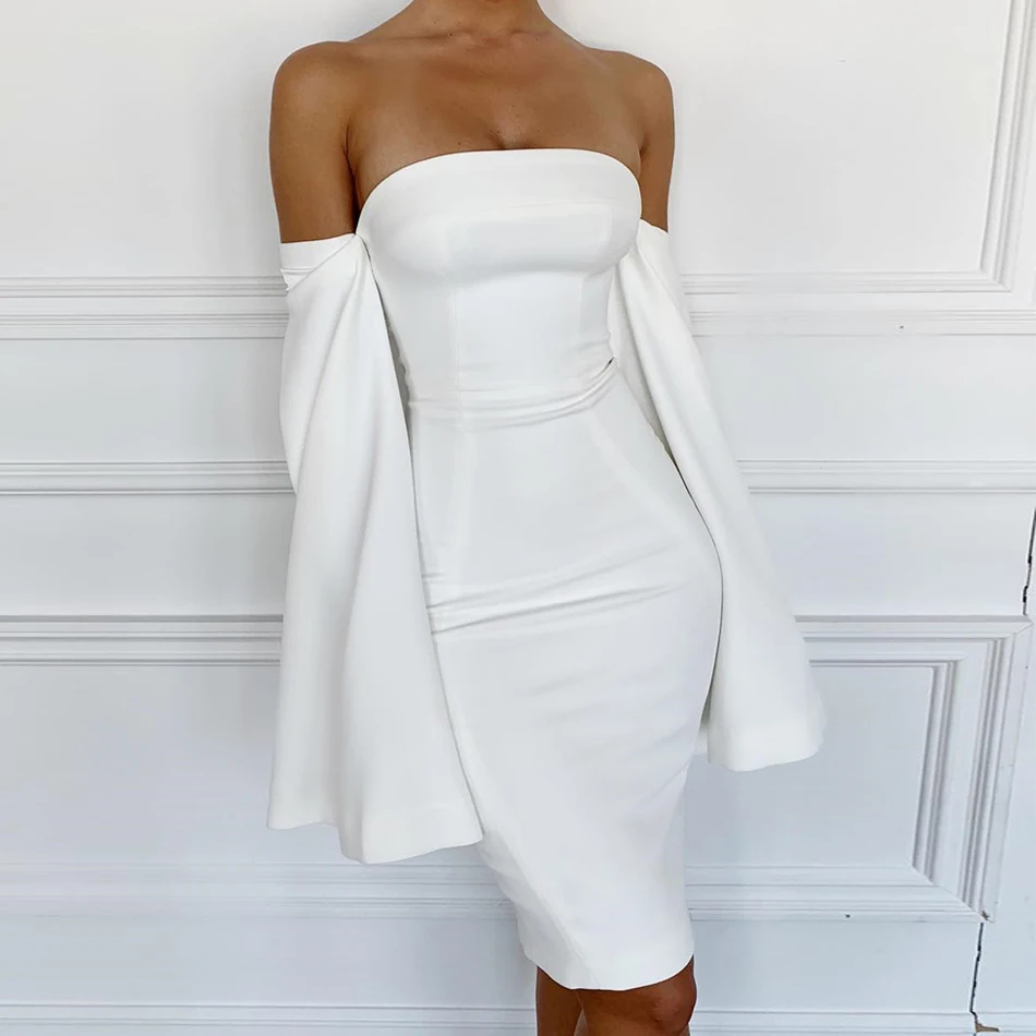

New Celebrity Party Bodycon Dress Women White Off The Shoulder Flare Sleeve Strapless Sexy Night Out Club Dress Women Vestidos