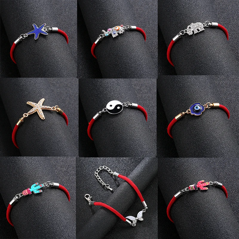 

New fashion lucky red rope leather yin and yang gossip star elephant cactus butterfly female charm adjustable bracelet