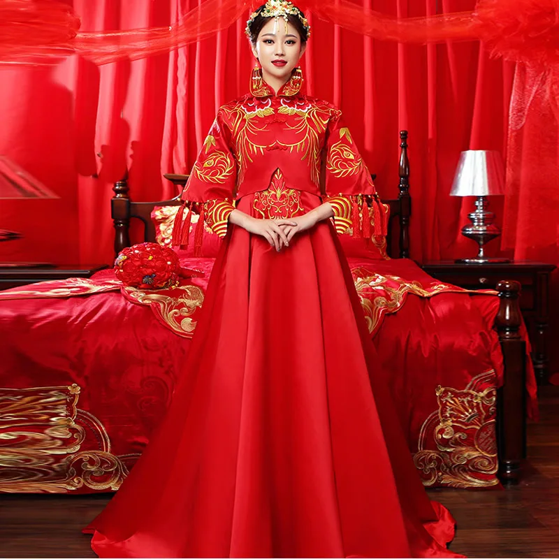 Китайские свадебные восточные платья Ципао Cheongsam для женщин феникс вышивка традиционное вечернее платье красный шлейф невесты