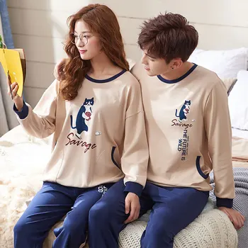 

high quality Spring Autumn new Cotton Couple Pajamas set Long Sleeved Sleepwear suit Men and Women casual Homewear lover Pajamas