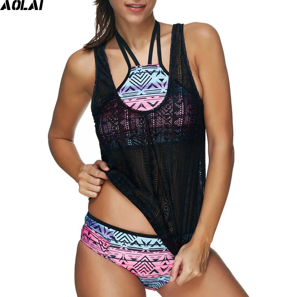 2017 Two Pieces Bikini Shorts Tankini Plus Size Swimwear Women Floral Swimsuit Mesh Bathing Suit Crop Bikinis Maillot De Bain