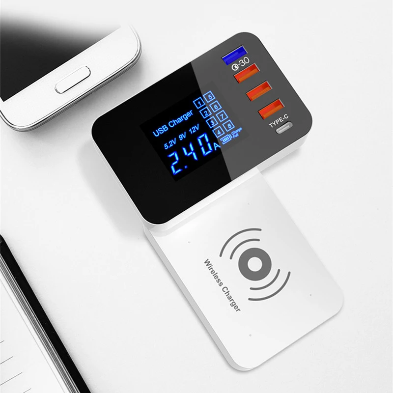 

QI Wireless Charger Quick Charge 3.0 Smart USB Type C Charger Station Led Display Fast Charging Power Adapter Foldable Charger