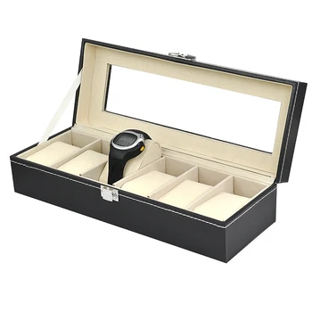 

Faux Leather 6 Grid Watch Display Box Case Black Storage Organizer
