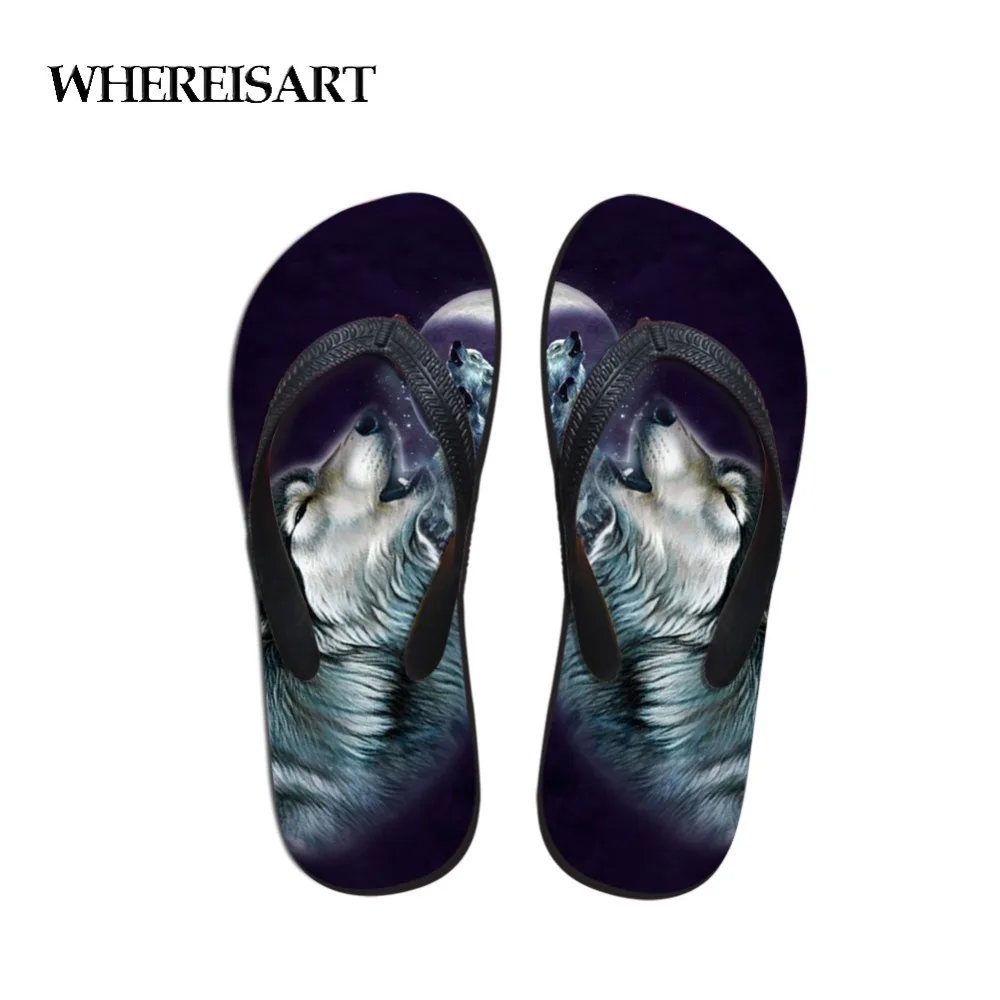 

WHEREISART Casual Men's Flip Flops Night Wolf Pattern Beach Shoes Outside Animals Design Sandals Teen Boys Fit Flops Slippers