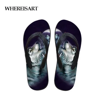 

WHEREISART Casual Men's Flip Flops Night Wolf Pattern Beach Shoes Outside Animals Design Sandals Teen Boys Fit Flops Slippers