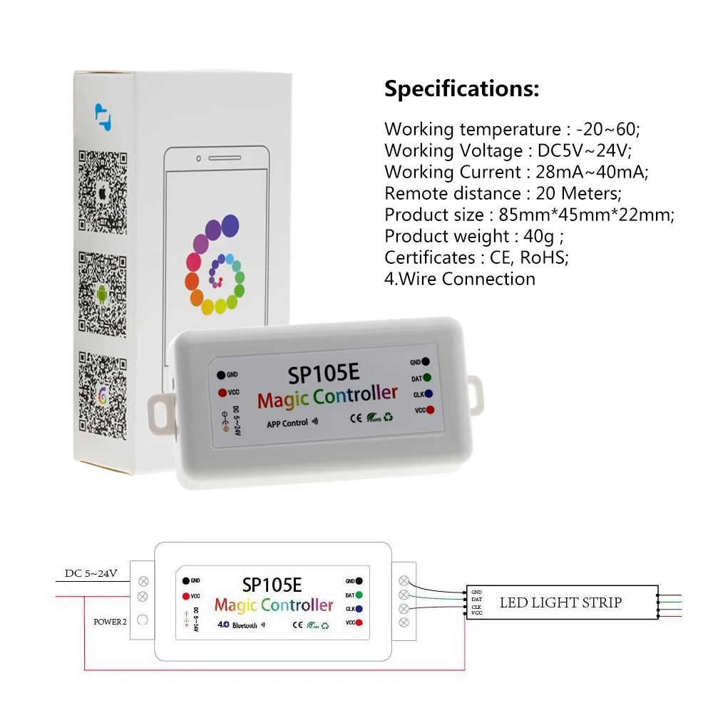 SP105E SP108E волшебный контроллер Bluetooth DC5-24V 2048 пикселей для WS2811 2812 2801 6803 IC Светодиодная лента Поддержка IOS/Android APP