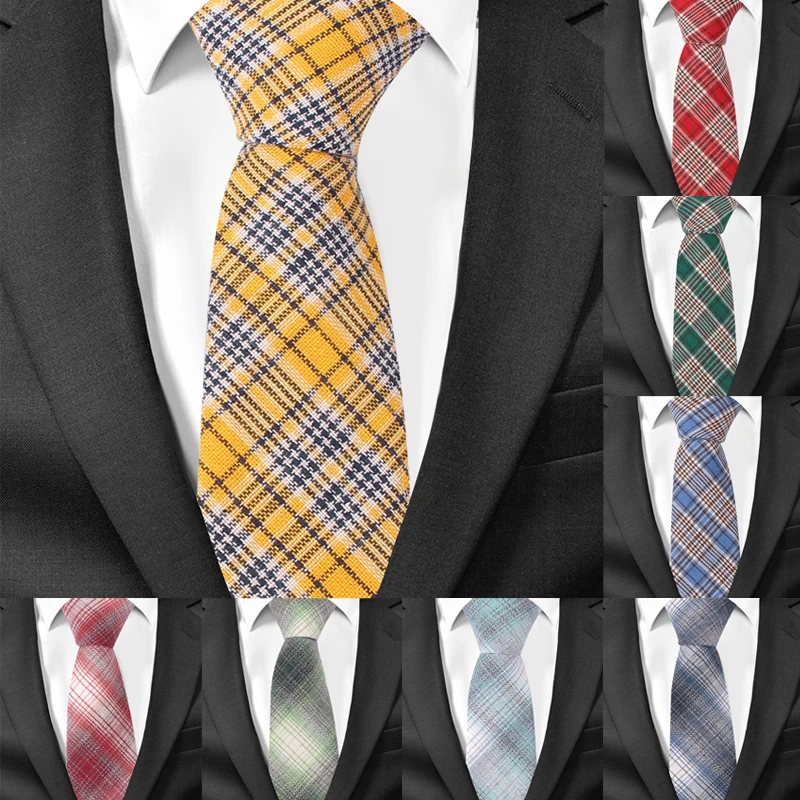 

New Casual Plaid Ties Skinny Cotton Necktie For Men Suits Mens Slim Neck Tie For Business Cravats 6cm Width Groom Neckties