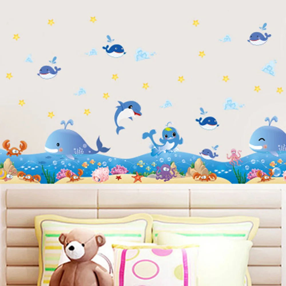 

Dolphins Sea World Wall Stickers Baseboard Cute Cartoon Fish Wall Sticker for Kids Bathroom Home Removable Happy Ocean Stickers