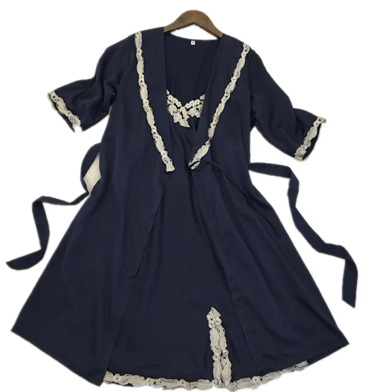 

Spring New Sexy Women's Half Sleeve Blue Color Robe & Gown Set Silk Satin Gecelik Robe Sexy Women Sleepwear Indoor Wear Hot