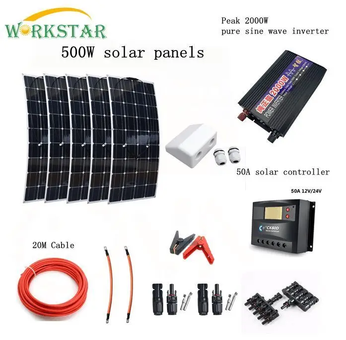 

Complete 500W Solar System for Beginner 5X100W Solar Panels 2000w Inverter with Installation Accessories For Yacht RV Boat