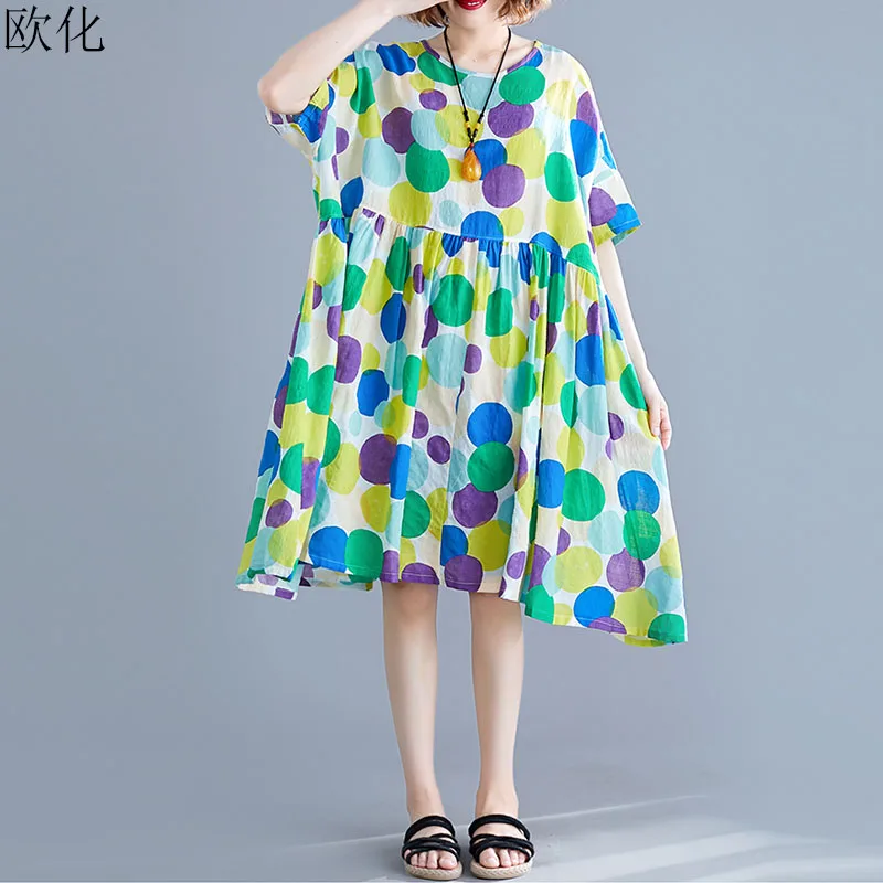 

Vintage Polka Dot 4XL 5XL 6XL Plus Size Boho Dresses Women Batwing Loose Summer Sundress Big Swing Cotton Linen Dresses 2019 New