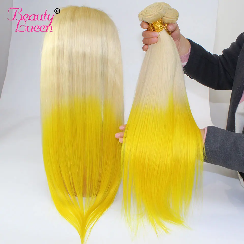 Омбре блонд пряди с фронтальной T613/желтые прямые цветные пряди с фронтальной Remy Омбре бразильские волосы с закрытием