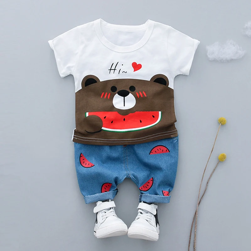 

Baby Boy Set 2019 Summer Baby's Set Bear Cartoon Pattern Top + Demin Watermelon Print Pant 2PC Set Infant Boy Clothes