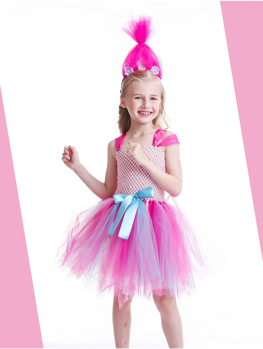 Princess Trolls Poppy Children Tutu Dress with Headband Poppy Birthday Tutu Costume Baby Girl Halloween Cartoon Tulle Dress (10)