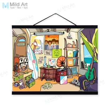

Cartoon Boy House Guitar Fashion Drawing Wooden Framed Posters Bedroom Wall Art Pictures Home Bar Decor Canvas Paintings Scroll