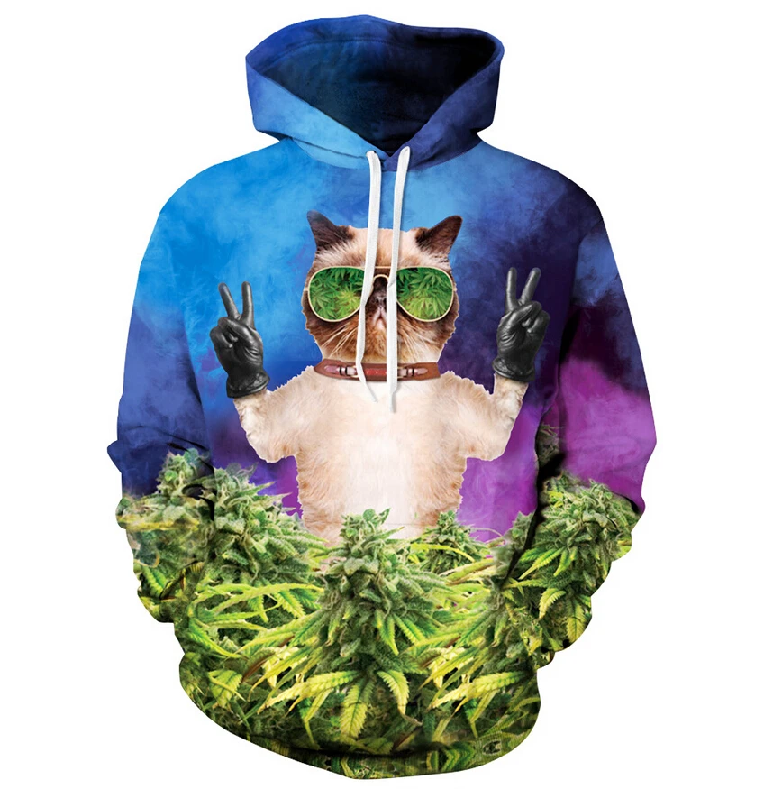 New Product  harajuku style coral hipster cat Hoodie women/men printed hoodies Weed Leaf Sweatshirts 3d Long sle