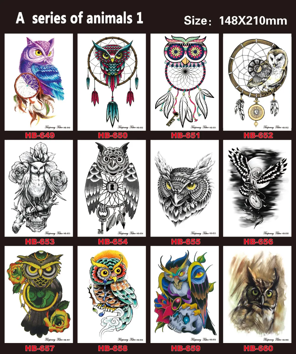 12 шт./лот, красочные рисунки, водонепроницаемые Временные татуировки, боди-арт тату для женщин и мужчин, хна, цветок, сова, дизайн, тату-стикер