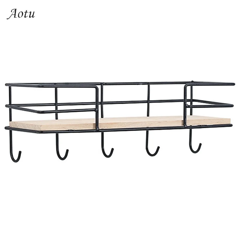 

2019 Creative Storage Racks Iron Wood Wall Shelves Multi-Function Home Organization Hanging Shelf for Bedroom Decoration