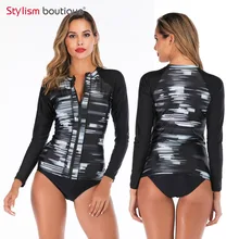 Черный лоскутный женский купальник из 2 частей с длинным рукавом Рашгард для серфинга раздельный купальник купальный костюм