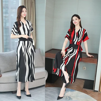 

Office Lady Pullover Two Piece Set Top And Pants O-neck Regular Costumes For Women Pastel Striped Women's Summer Suit