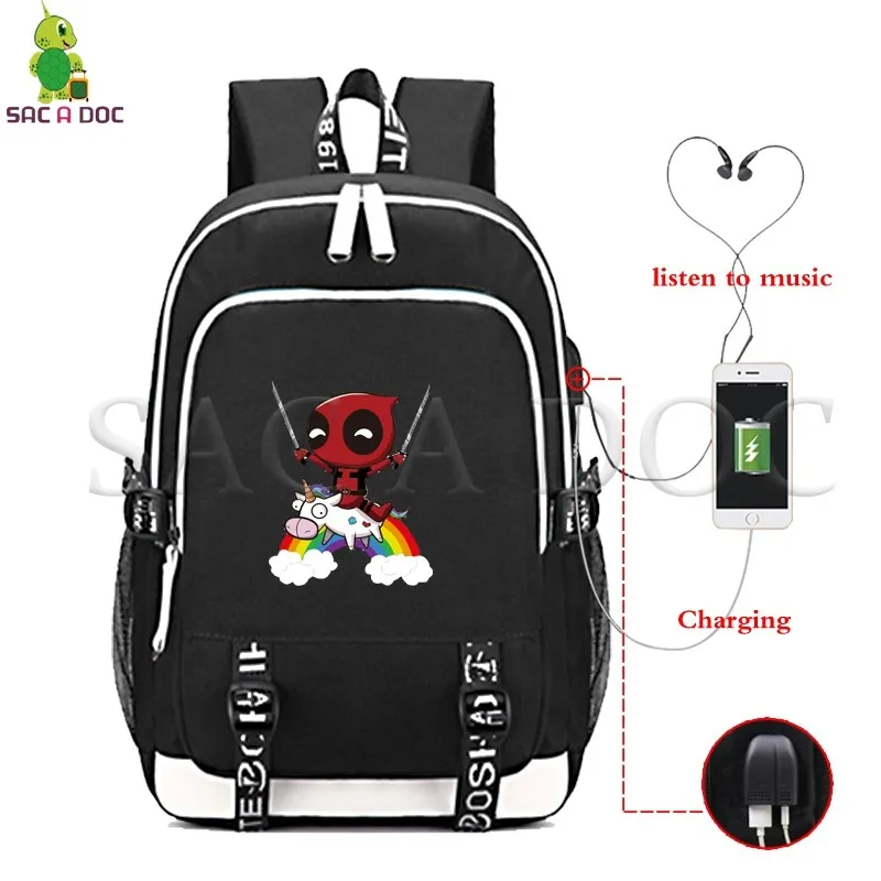 

Funny Deadpool Unicorn USB Charging Backpack Multifunction Laptop Backpack for Teenage Girls Boys School Bags Travel Backpack