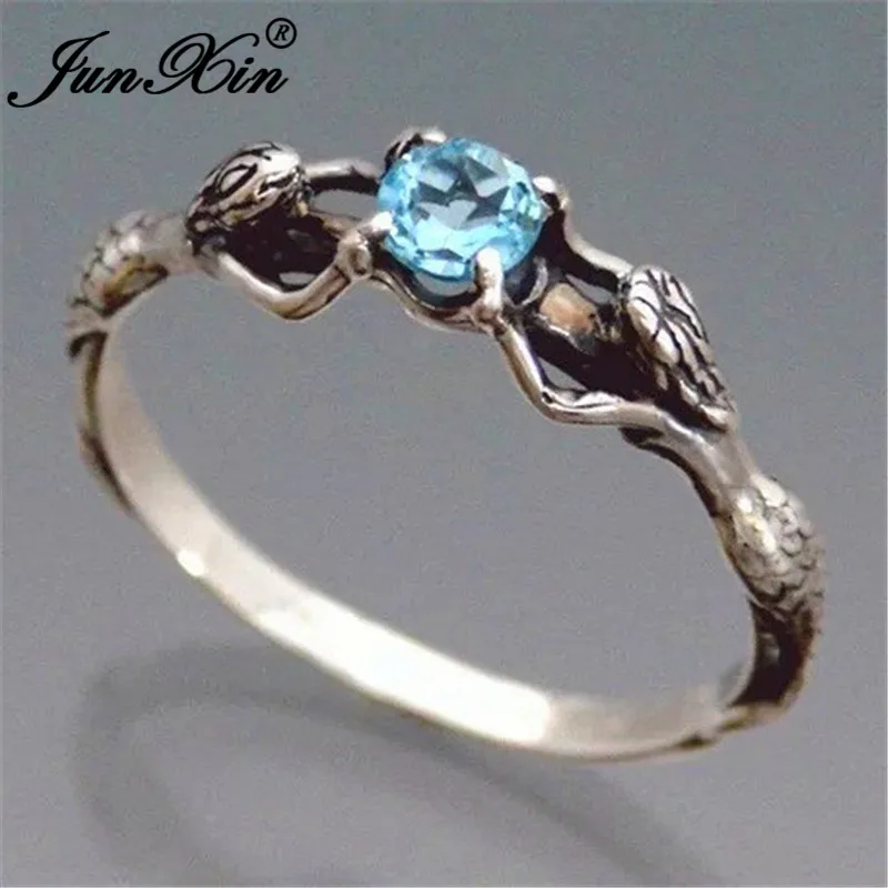 JUNXIN Antique 925 Silver Mermaid Rings For Women Round Aqua Blue Zircon Shell Pearl Beads Ring Female Birthstone Wedding Bands