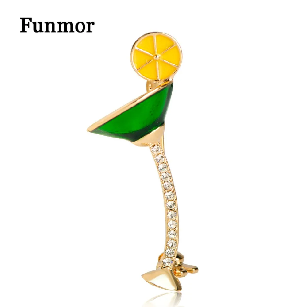 

FUNMOR Lemon Cocktail Glass Cup Shape Brooches Gold Color Crystal Enamel Waiter Clothes Hat Decorations Women Men Badge Joias