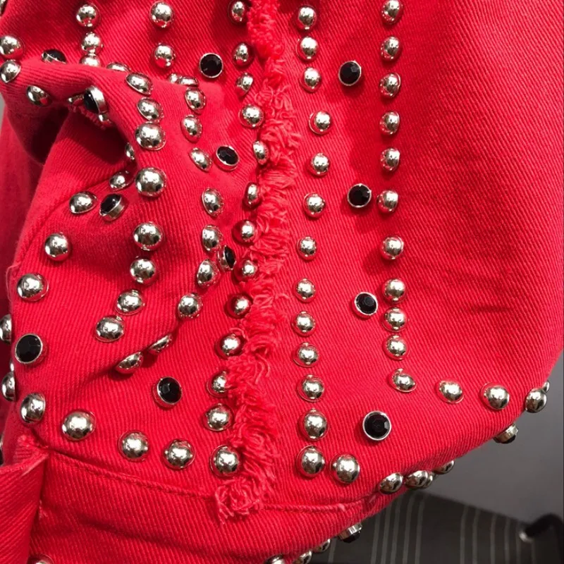 Красная джинсовая куртка, женское короткое джинсовое пальто с кисточками и бусинами, женское осеннее модное Брендовое пальто, Свободное пальто с отворотом, Casacos Feminino