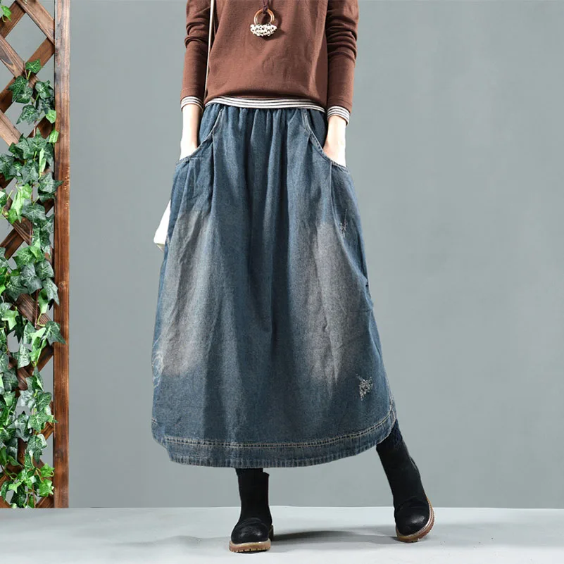 

2019 Autumn Long Denim Skirts Womens Winter Vintage Washed Ripped Hole Jeans Skirts Casual Elastic Waist Split Pocket Skirt Blue