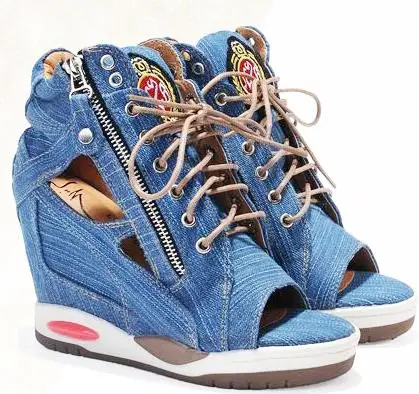 Летние модные пикантные ботинки на танкетке, увеличивающие рост; женские сандалии с открытым носком, из водонепроницаемого материала, из джинсовой ткани, с ремешком, с открытым носком, из Тайваня - Цвет: Синий