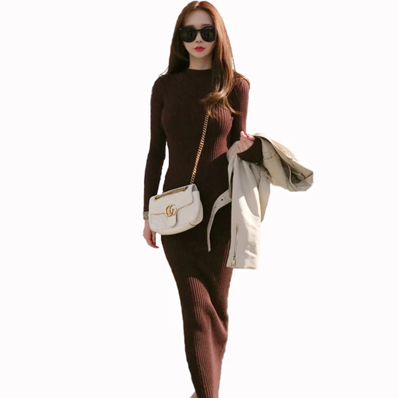 

2019 Spring Autumn New Women Long Sweater Dress Elegant Women Sweater Knitted Pullover Fashion Slim O-Neck Knit Sweater Dresses