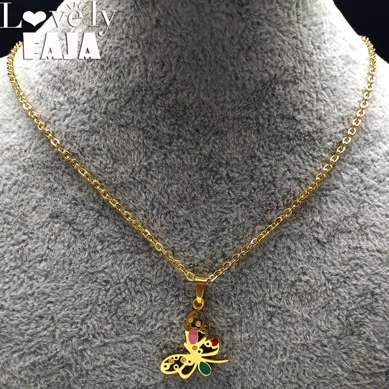 

2019 Fashion Enamel Stainless Steel Butterfly Necklaces for Women Gold Color Chain Necklace Jewelry colgantes mujer moda N18319