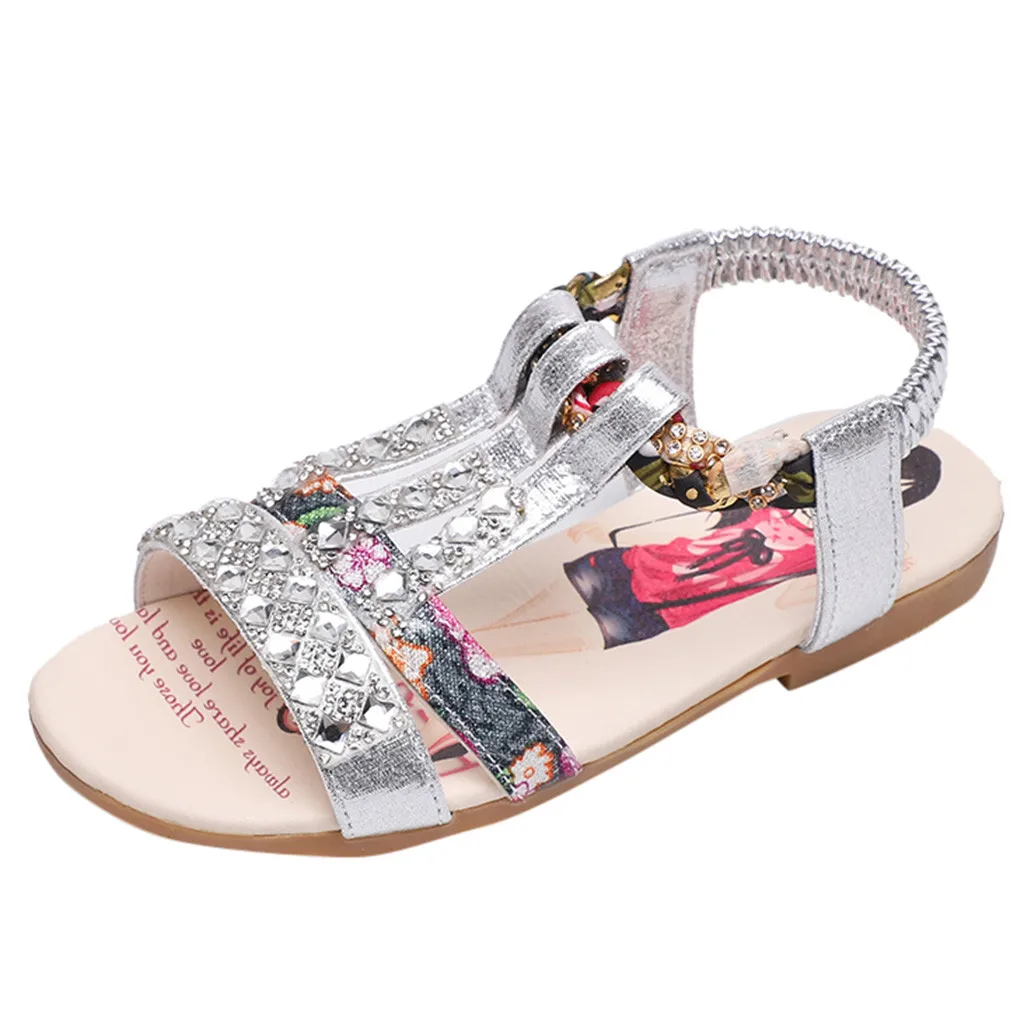 

ARLONEET Kids Roman Shoes Summer Casual Sandals Shoes Beach sandales Flat with elastic band rhinestone floral sandals female