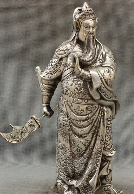 

JP S0608 15" Chinese Silver Gilt Dragon Head Warrior GuanGong God Brass Guan Yu Statue B0403