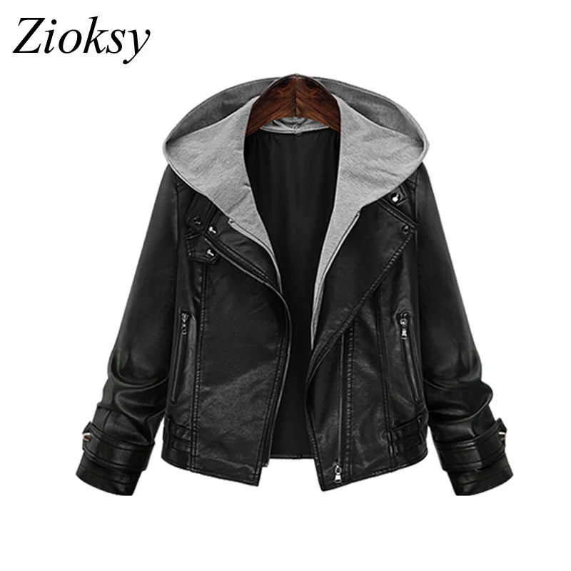 Zioksy, Женская куртка из искусственной кожи, Осень-зима, с капюшоном, негабаритный, куртка-бомбер, с длинным рукавом, модное короткое пальто, блуза для женщин