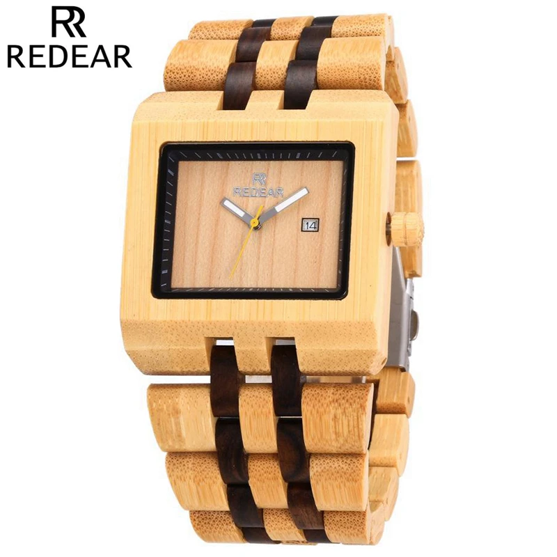 

REDEAR Men's Bamboo Wooden Watch Auto Date Vintage Quartz Casual Wood Watches Business Man Wristwatches Clock with original box