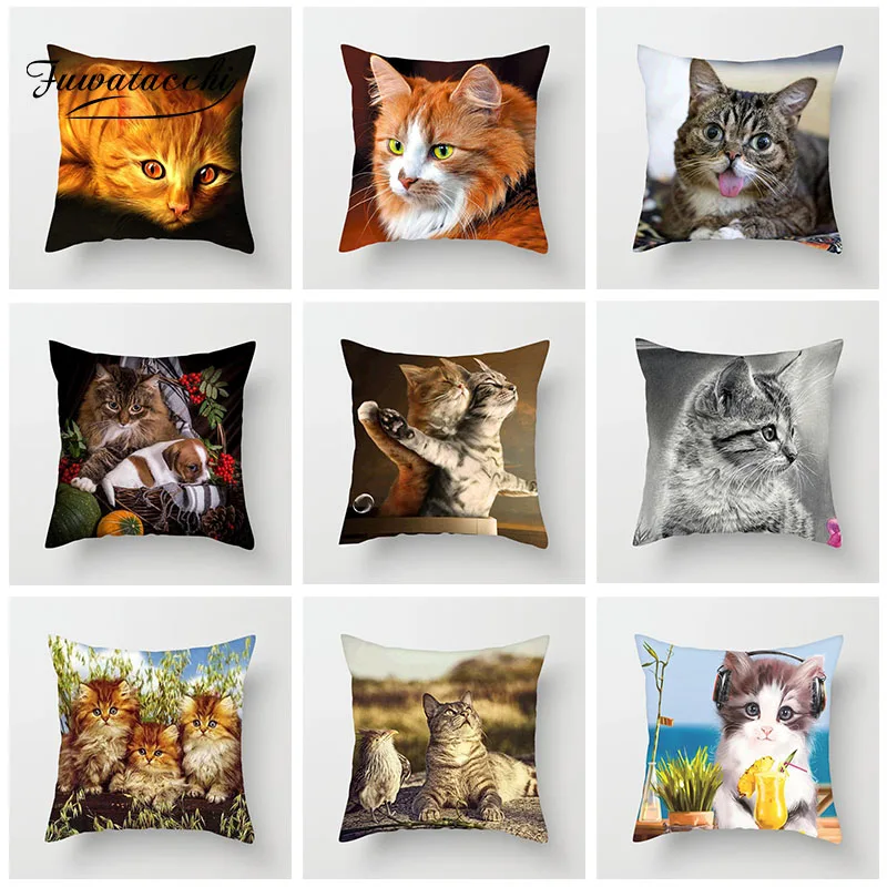cheap Fuwatacchi Cute Cat Printing Cushion Cover Animal Series Cushion Covers For Sofa Throw Pillow Car Chair Decorative Pillow Case