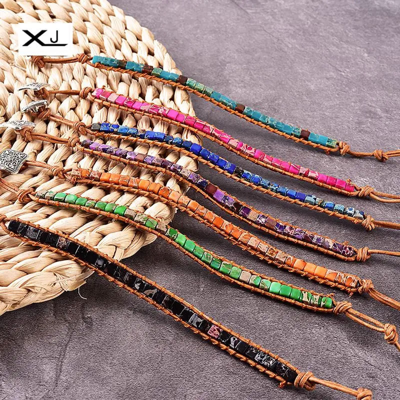 

XIN JIAO Free shipping Handmade Imperial Jaspers stone Thread Tube Beads Leather Cowhide Rope Wrap Bracelets Jewelry Women Gift