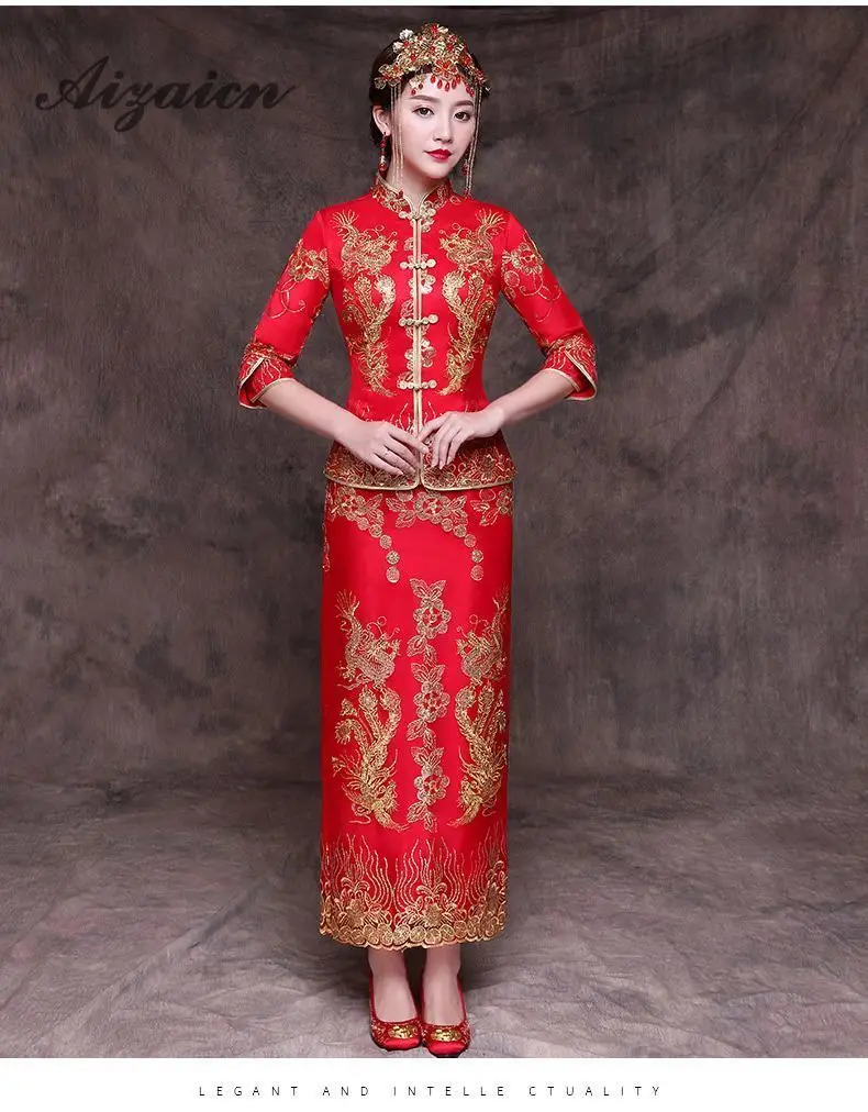 2019 chino tradicional boda Vestido Rojo bordado novia восточные платья Тонкий Cheongsam vestido Chinoise Femme Qi Pao