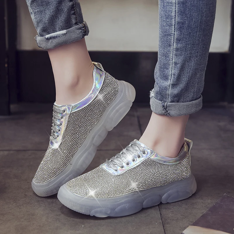 

Rimocy silver crystal sneakers women 2019 spring fashion lace up high platform casual shoes woman transparent Vulcanize Shoes