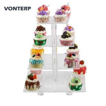 

HMROVOOM square transparent 4 Tier Acrylic Cupcake Display Stand/acrylic cake stand with base 4 Tier Square(4" between 2 layers)