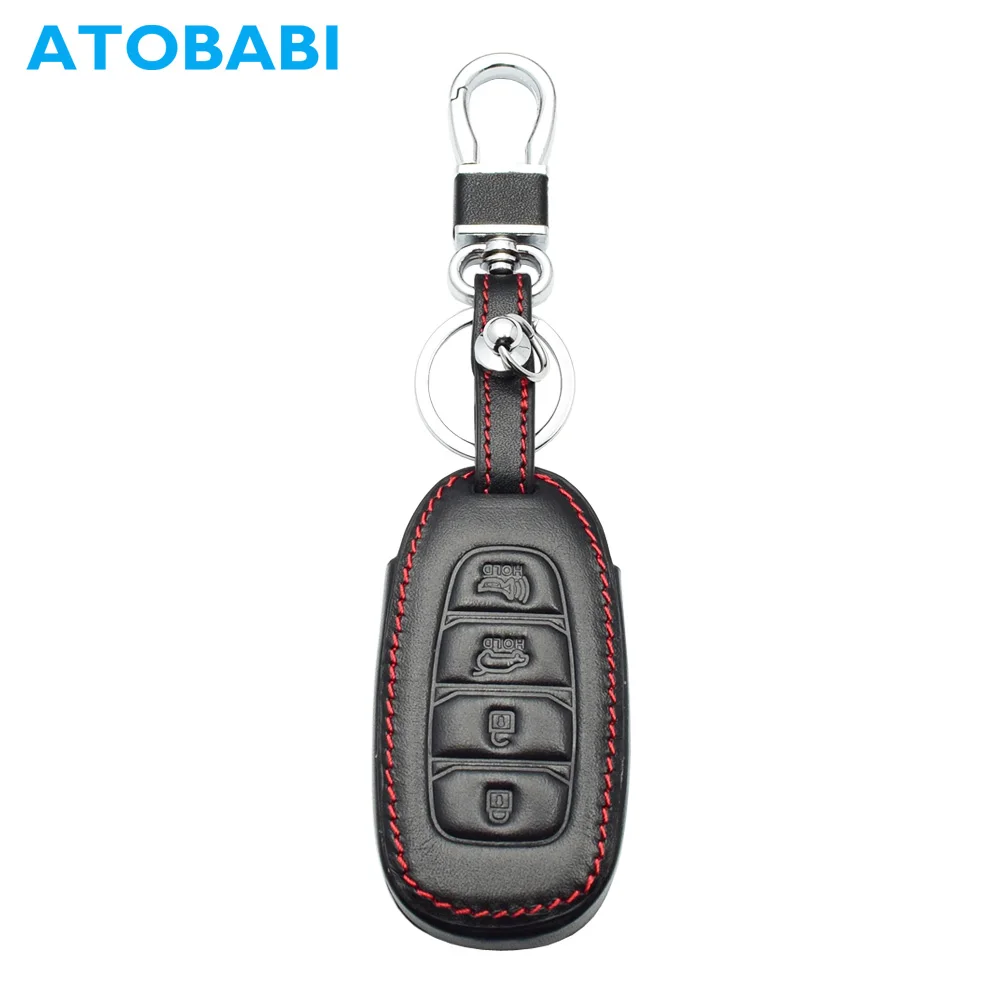 

ATOBABI Car Key Case 4 Buttons Real Leather Keyless Remotes Key Fobs Shell Cover Keychain Bag for Hyundai Elantra GT Kona 2018