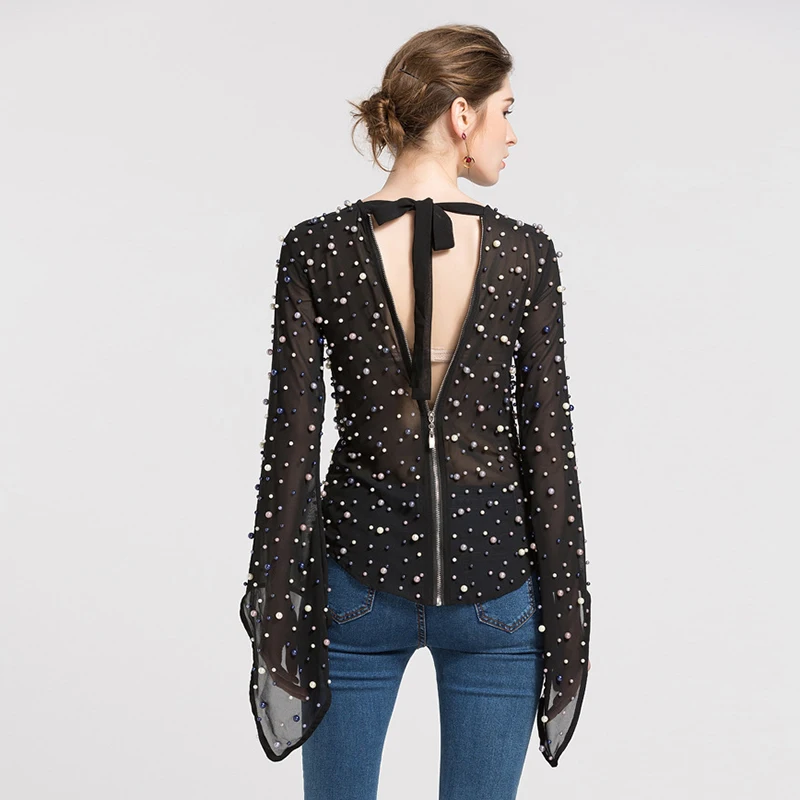 

HIGH QUALITY Newest 2018 Fashion Runway Designer Tops Women's Back V Beaded Blouse Tops